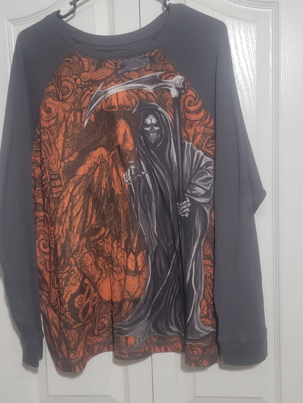 Skully Brand Grim Reaper Thermal Shirt Mens XL 46-48 Orange Black Skull